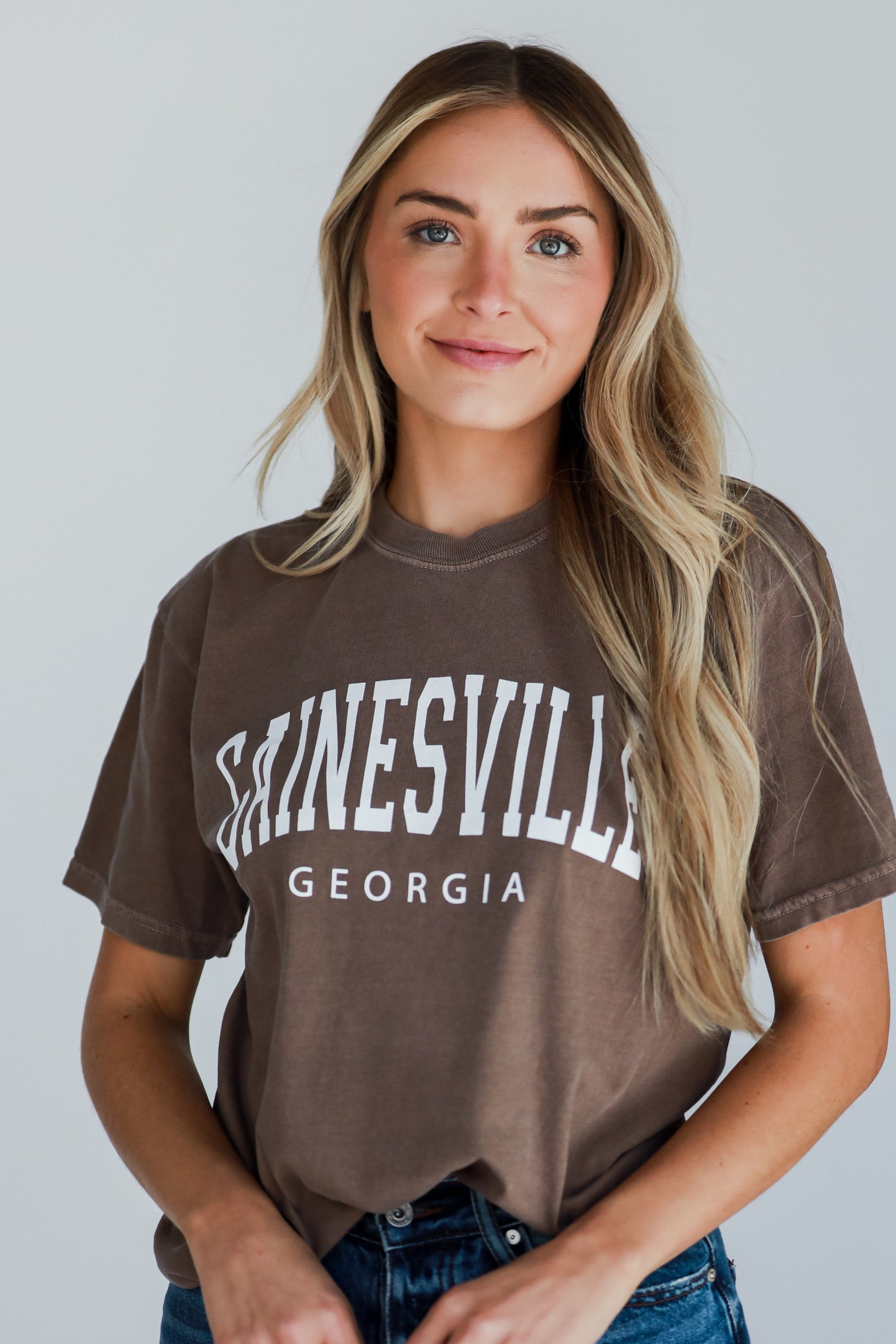 Brown Wednesbury Georgia Block Letter Tee close up