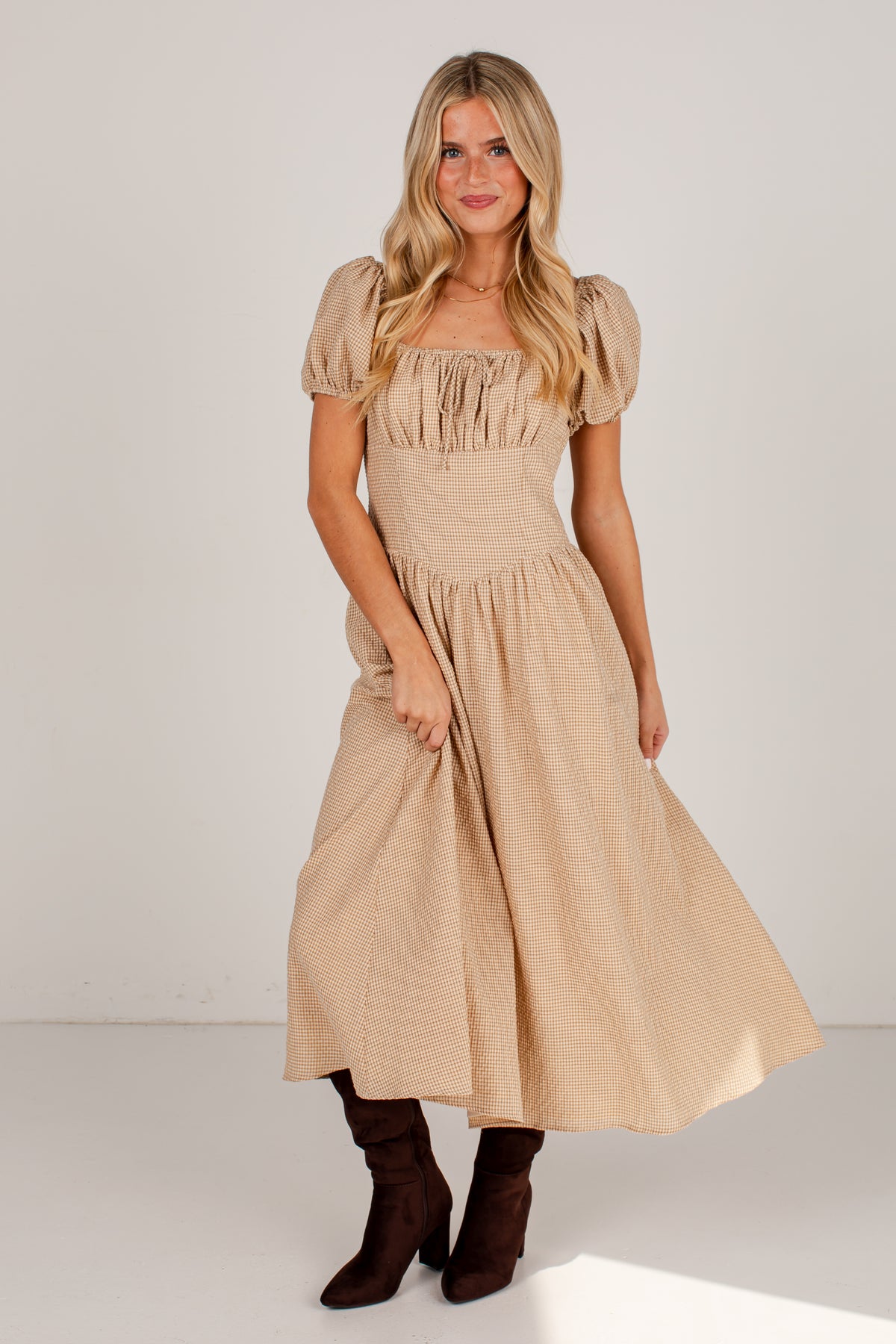 Countryside Letters Taupe Plaid Puff Sleeve Midi Dress