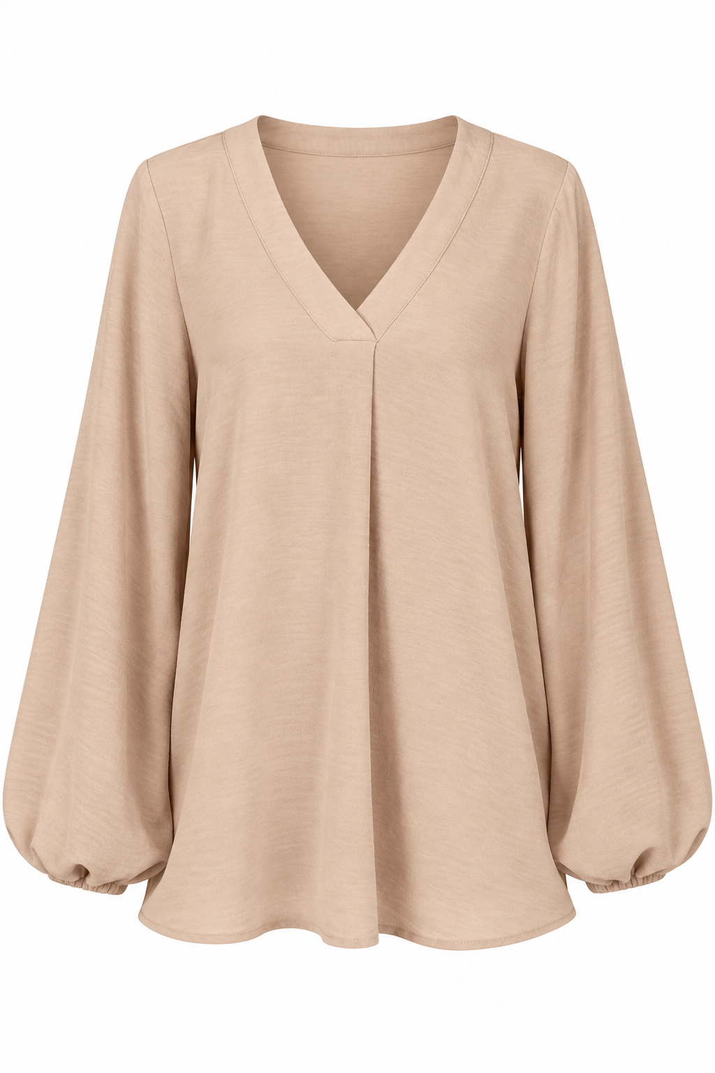 A beige long-sleeve blouse with a V-neckline and gathered balloon sleeves, shown against a plain white background.