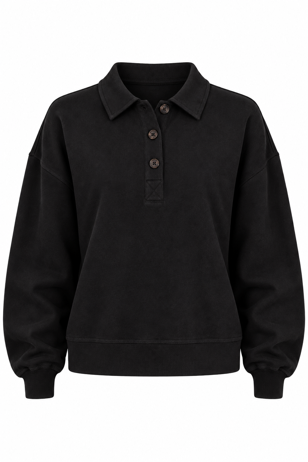 A black long-sleeve polo sweatshirt with a three-button placket, displayed on a clean white background.