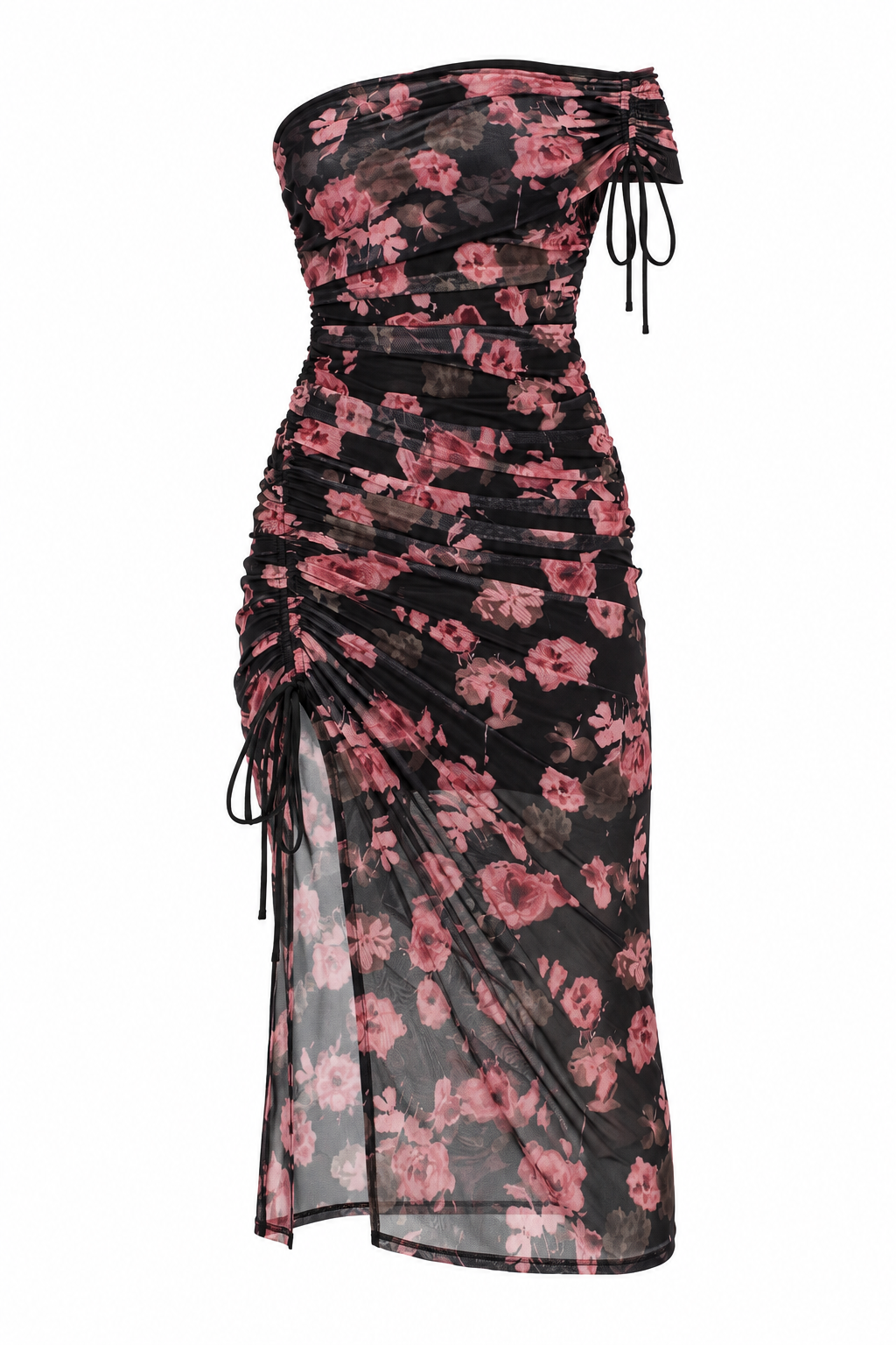 A black off-the-shoulder midi dress with a pink floral print, ruched detailing, and side tie straps, shown against a plain white background.