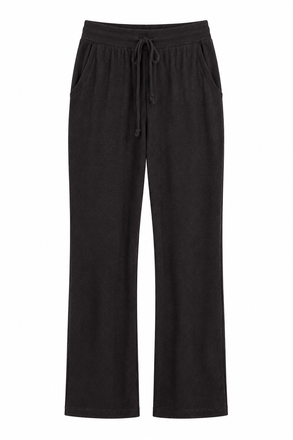 Black wide-leg lounge pants with an elastic drawstring waistband and side pockets, shown against a plain white background.
