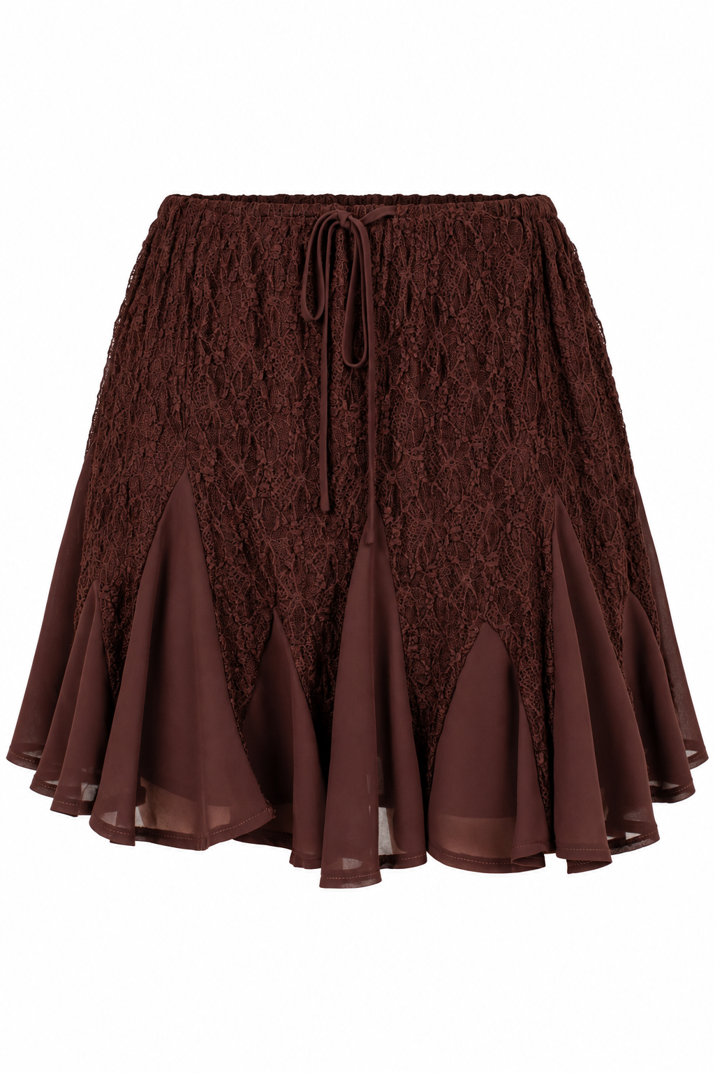 A dark brown pleated skirt featuring a textured lace overlay on the upper half and a sheer mesh flounce hem, with a matching drawstring waistband, shown against a plain white background.