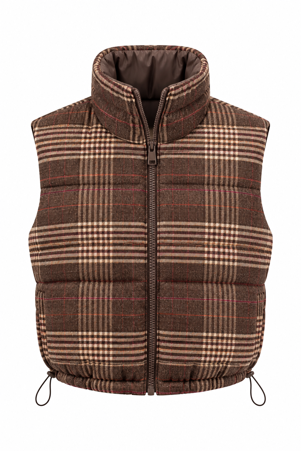 A brown quilted puffer vest with a classic beige and red windowpane plaid pattern, featuring a full-length front zipper and a high collar, shown against a plain white background.