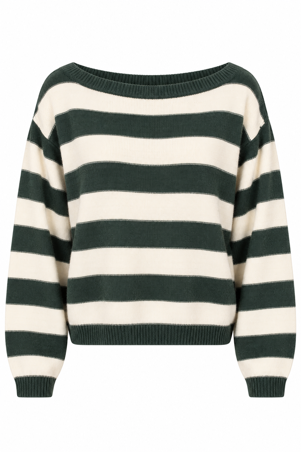 A dark green and cream striped knit sweater with a wide boat neckline, long sleeves, and ribbed cuffs and hem, shown against a plain white background.