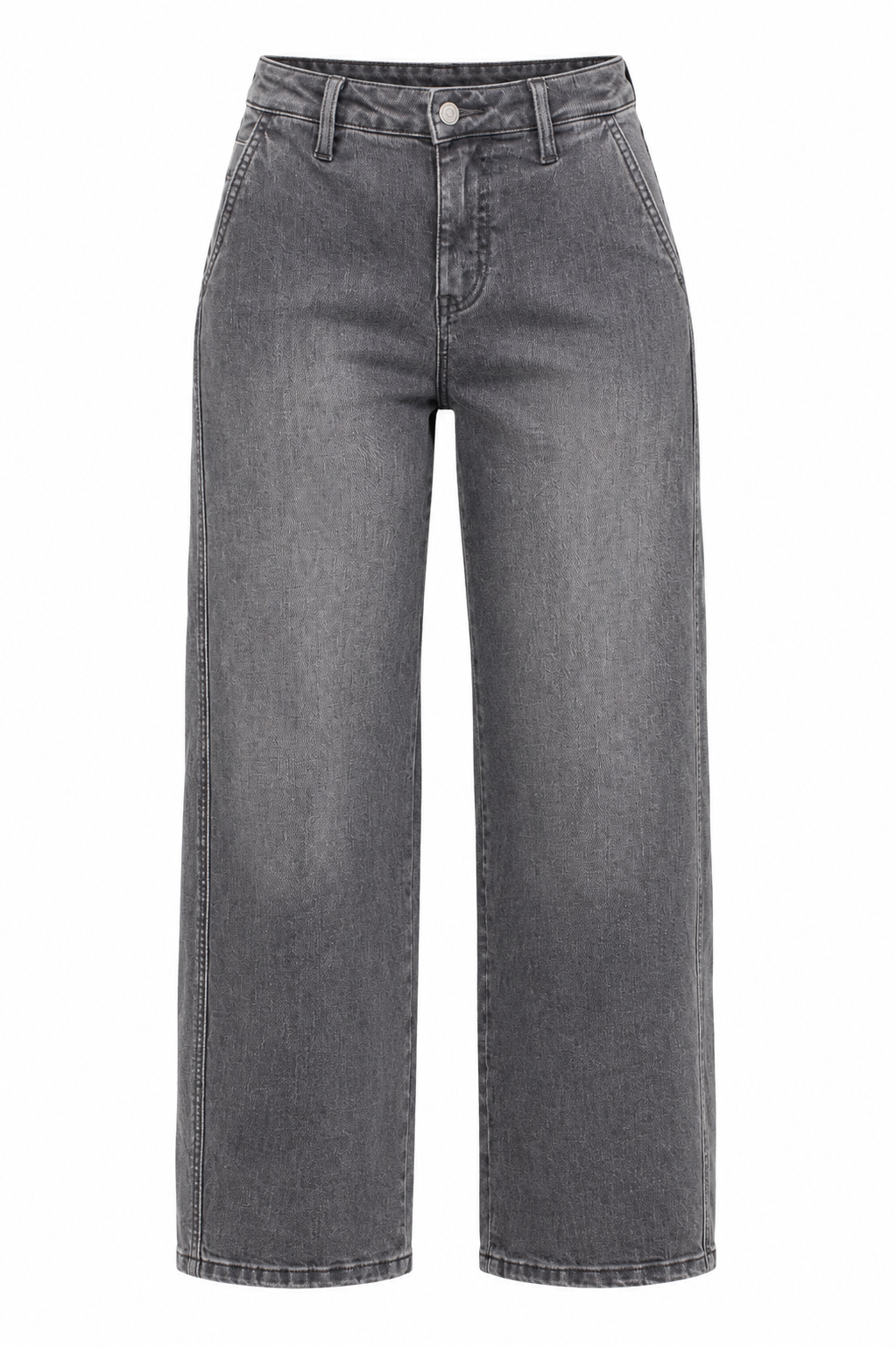 A pair of high-waisted, wide-leg cropped jeans in a washed charcoal gray denim, shown against a plain white background.