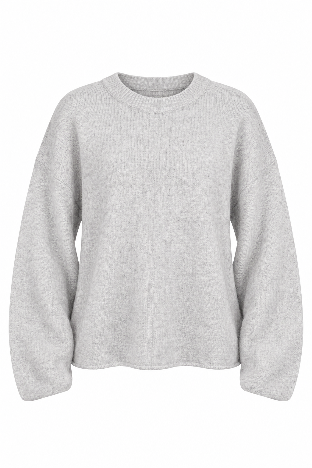 A light gray heathered crewneck sweater with long sleeves, shown against a plain white background.