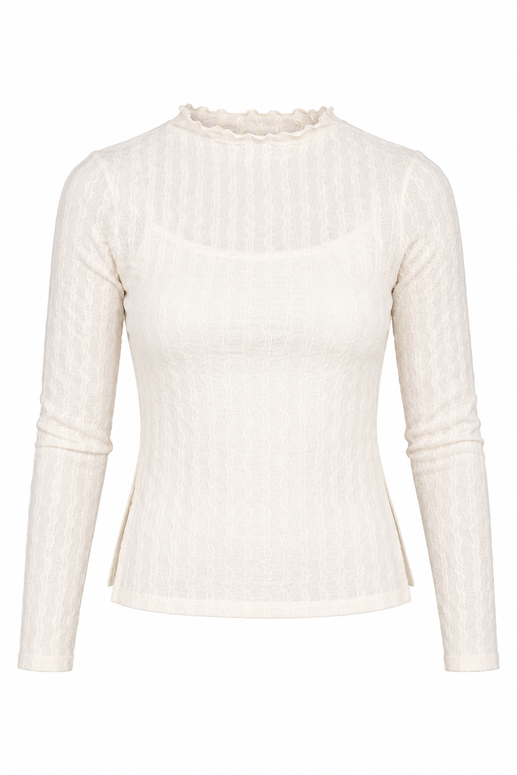 An off-white ribbed knit long-sleeve top with a scalloped mock neck, shown against a plain white background.