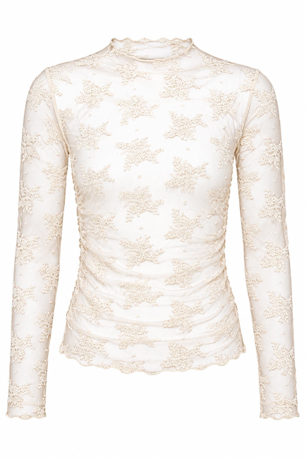 An off-white long-sleeve mock neck top featuring an intricate floral lace pattern and a scalloped hem, displayed on a clean white background.