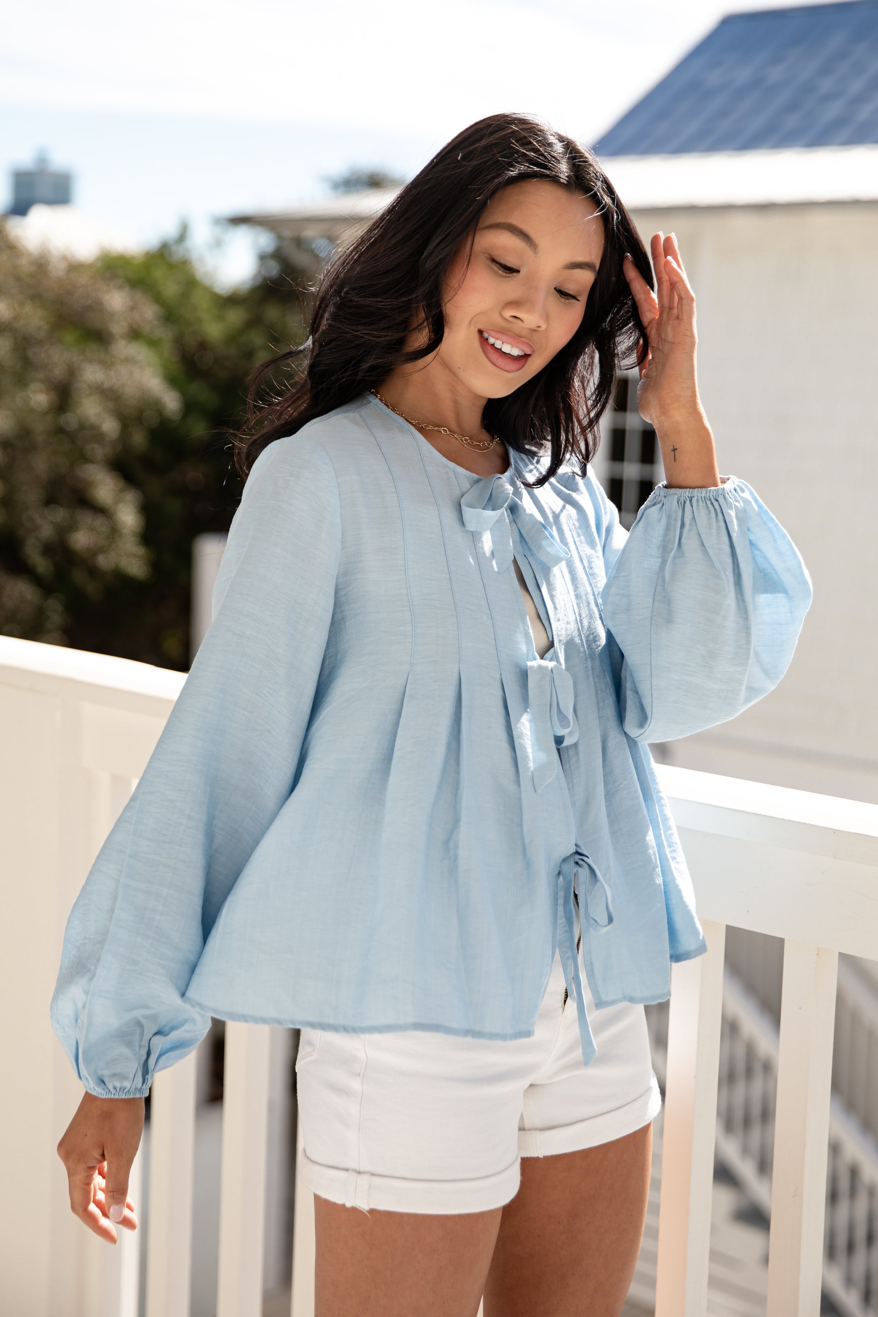 FINAL SALE - Skywashed Blue Tie-Front Blouse