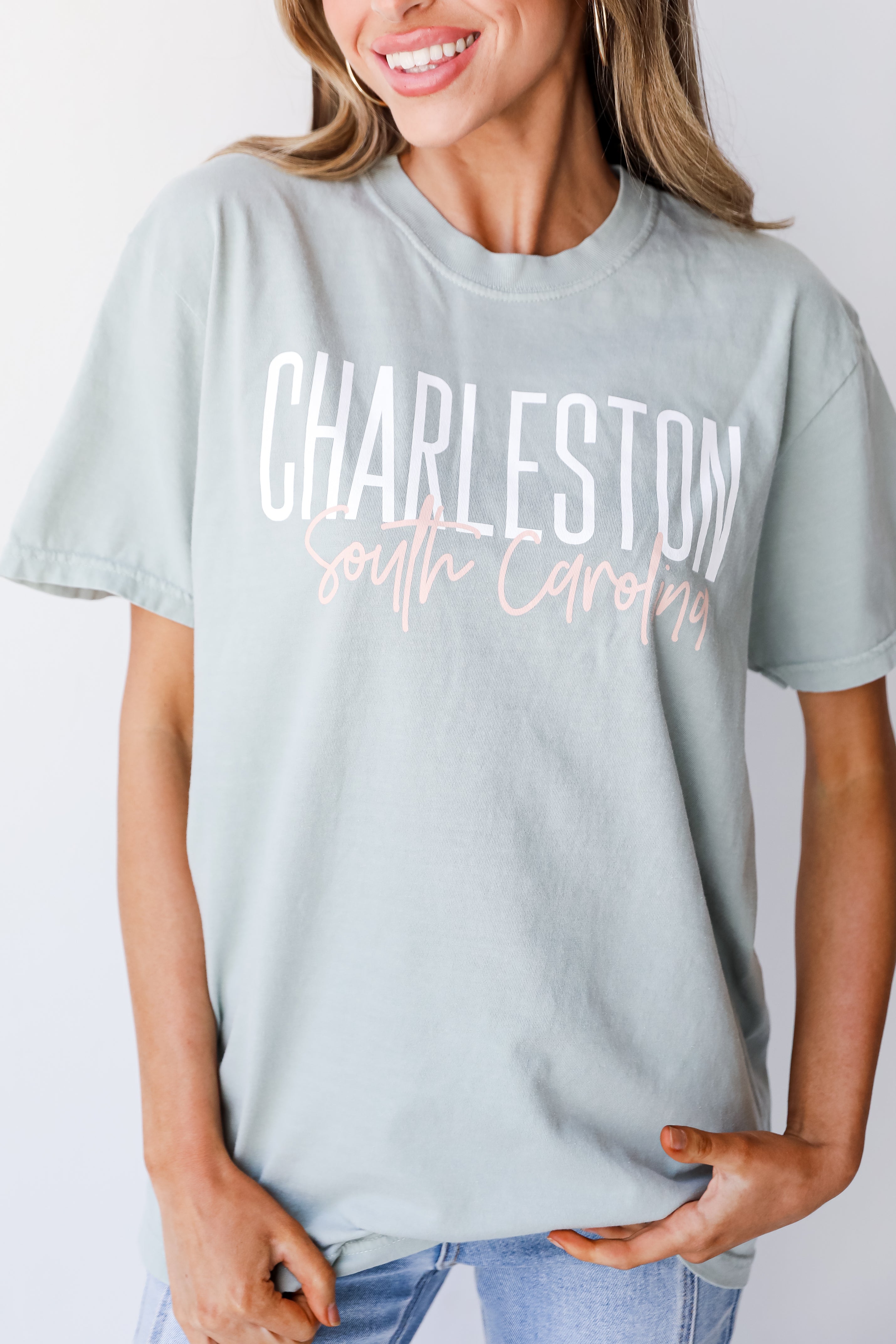 Sage Charleston South Carolina Script Tee on model