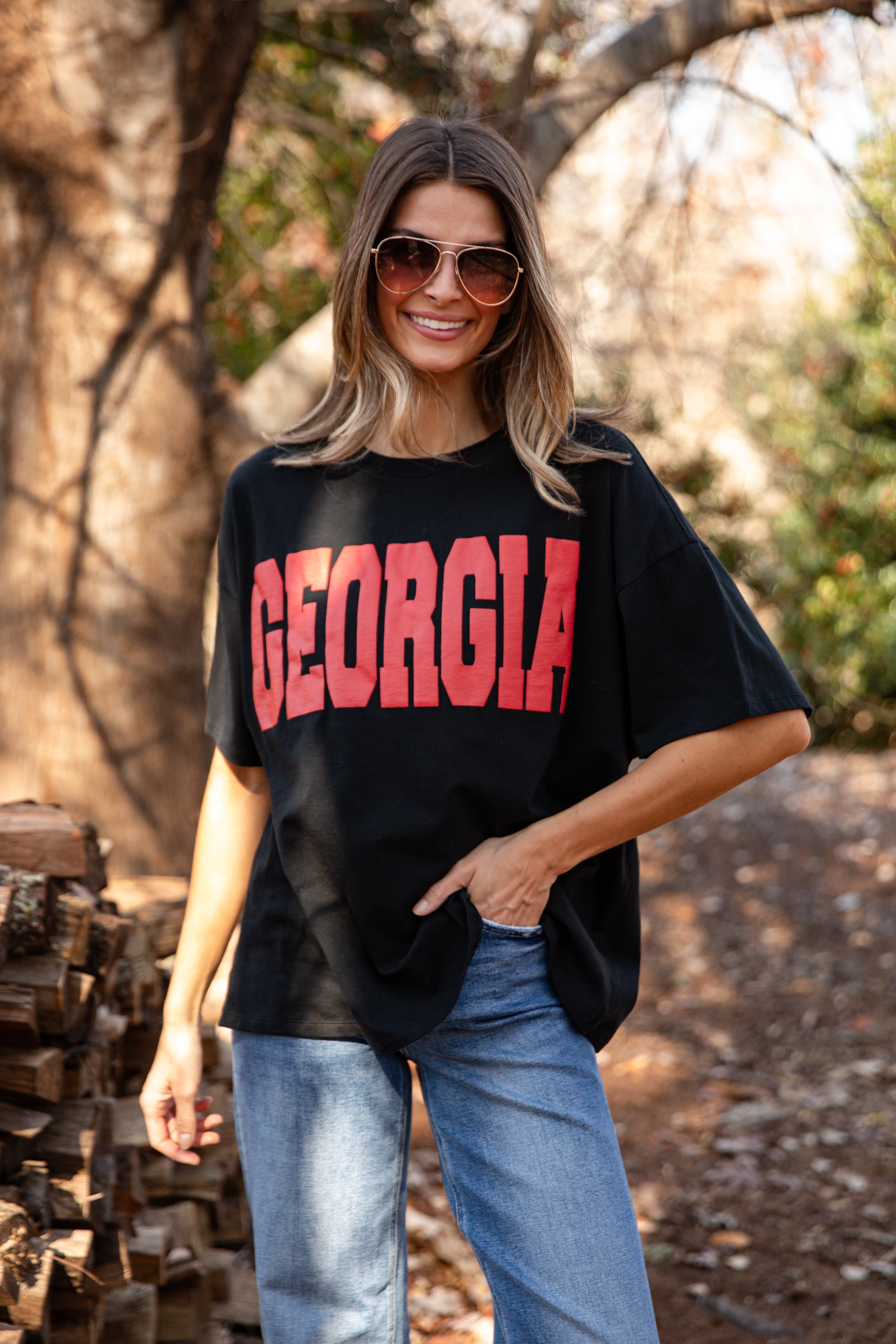 Woman wearing a black &