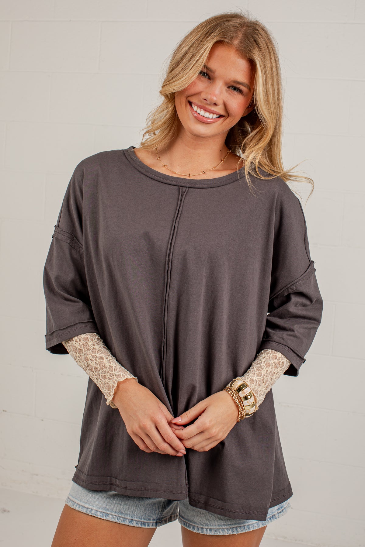Life Well Loved Graphite Lace Sleeve Top