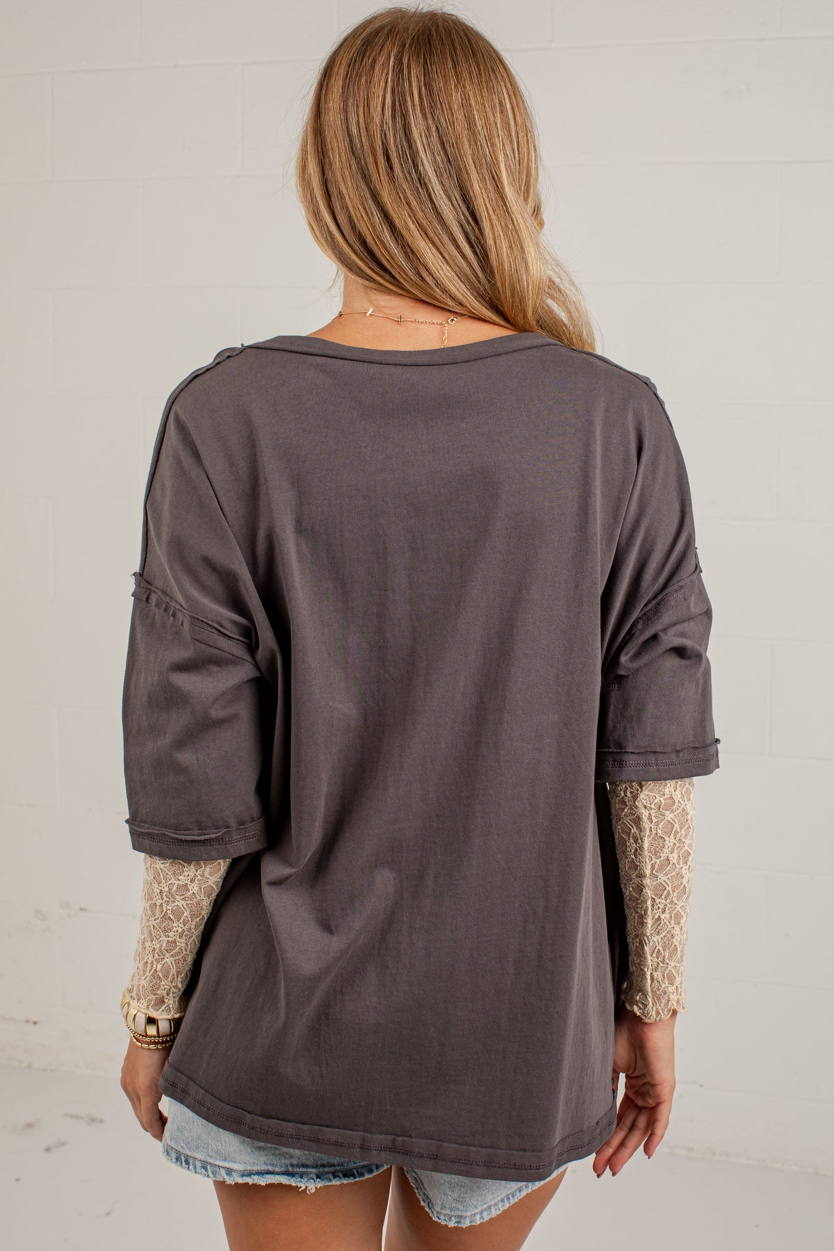 Life Well Loved Graphite Lace Sleeve Top