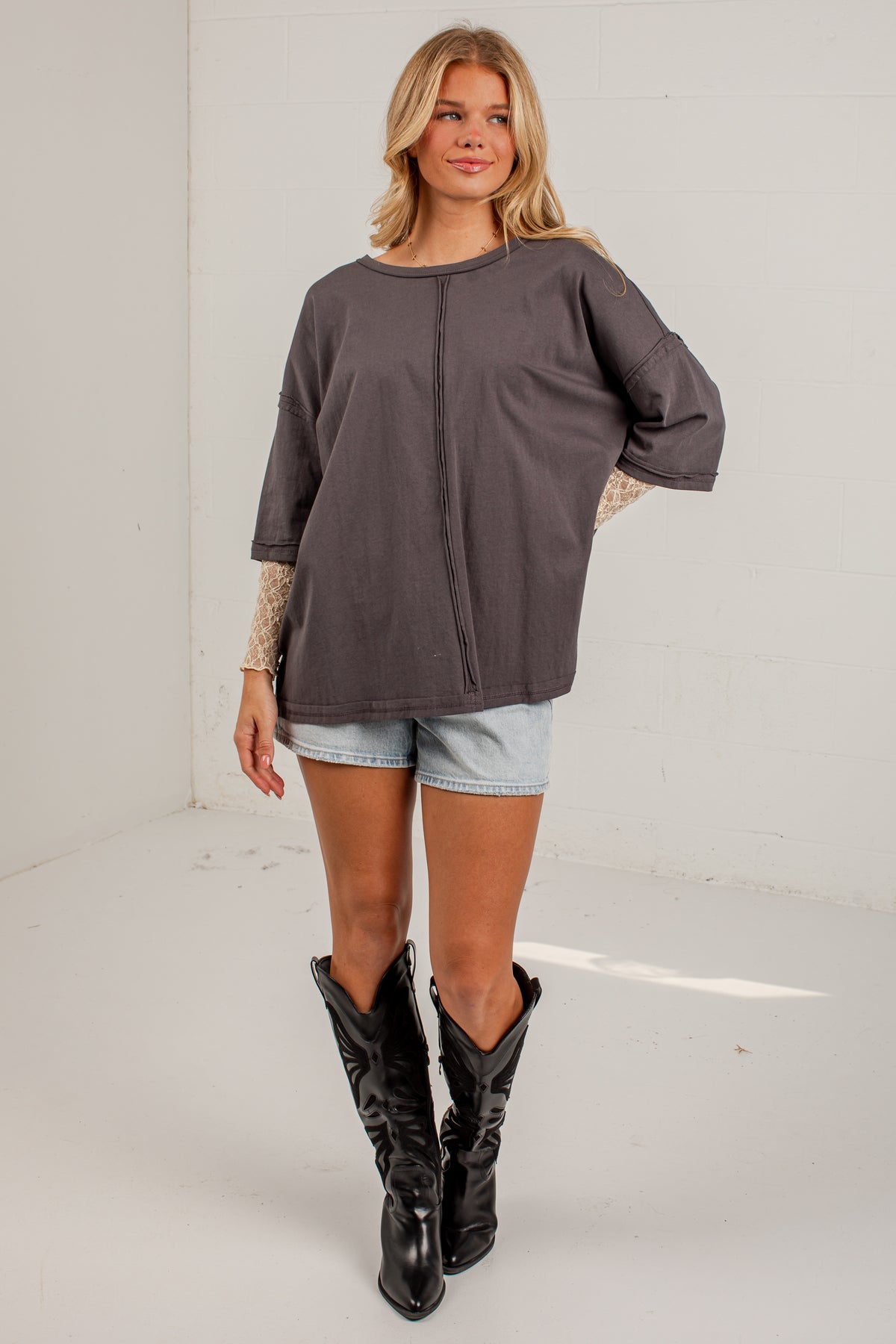 Life Well Loved Graphite Lace Sleeve Top