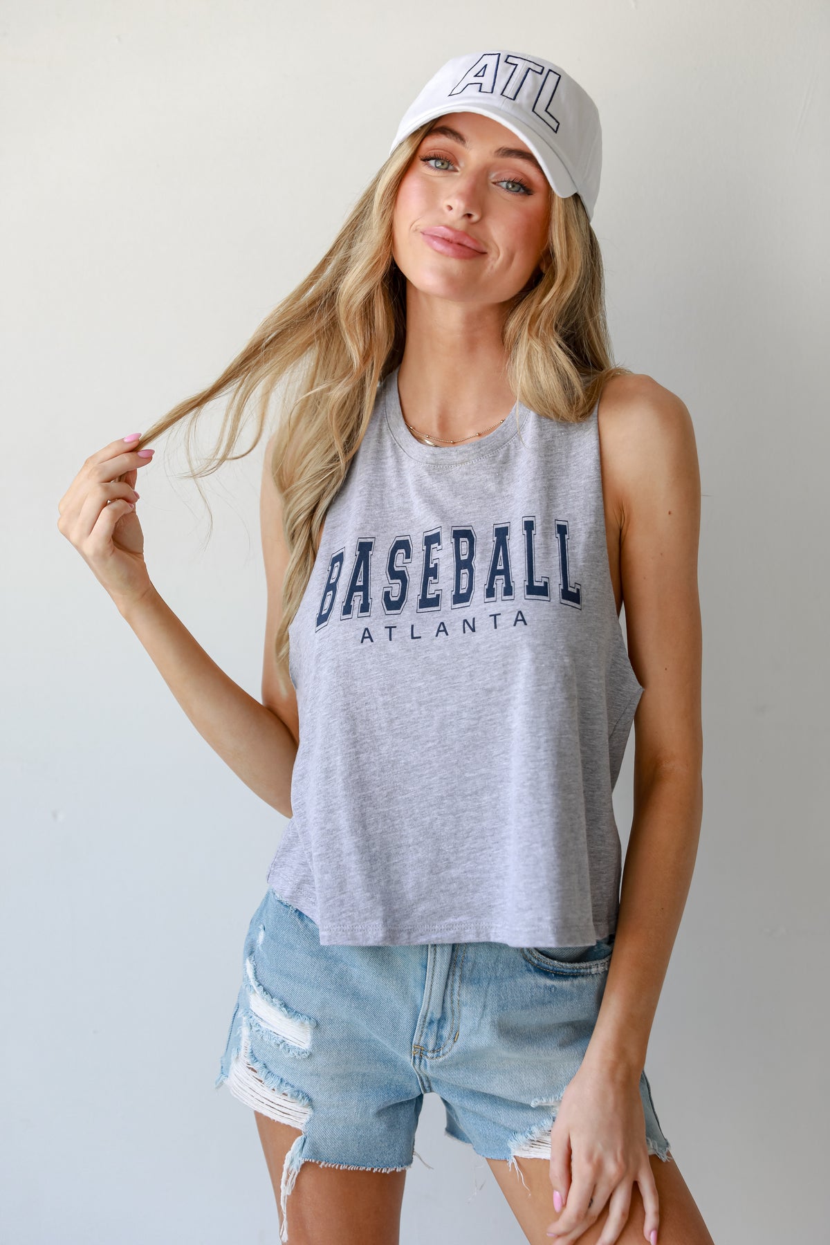 Heather Grey Baseball Atlanta Muscle Tank on model