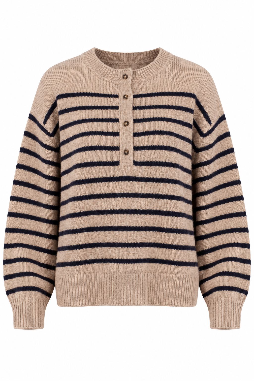 A beige and black horizontally striped knit sweater with a short button placket, ribbed cuffs, and a ribbed hem, shown against a plain white background.