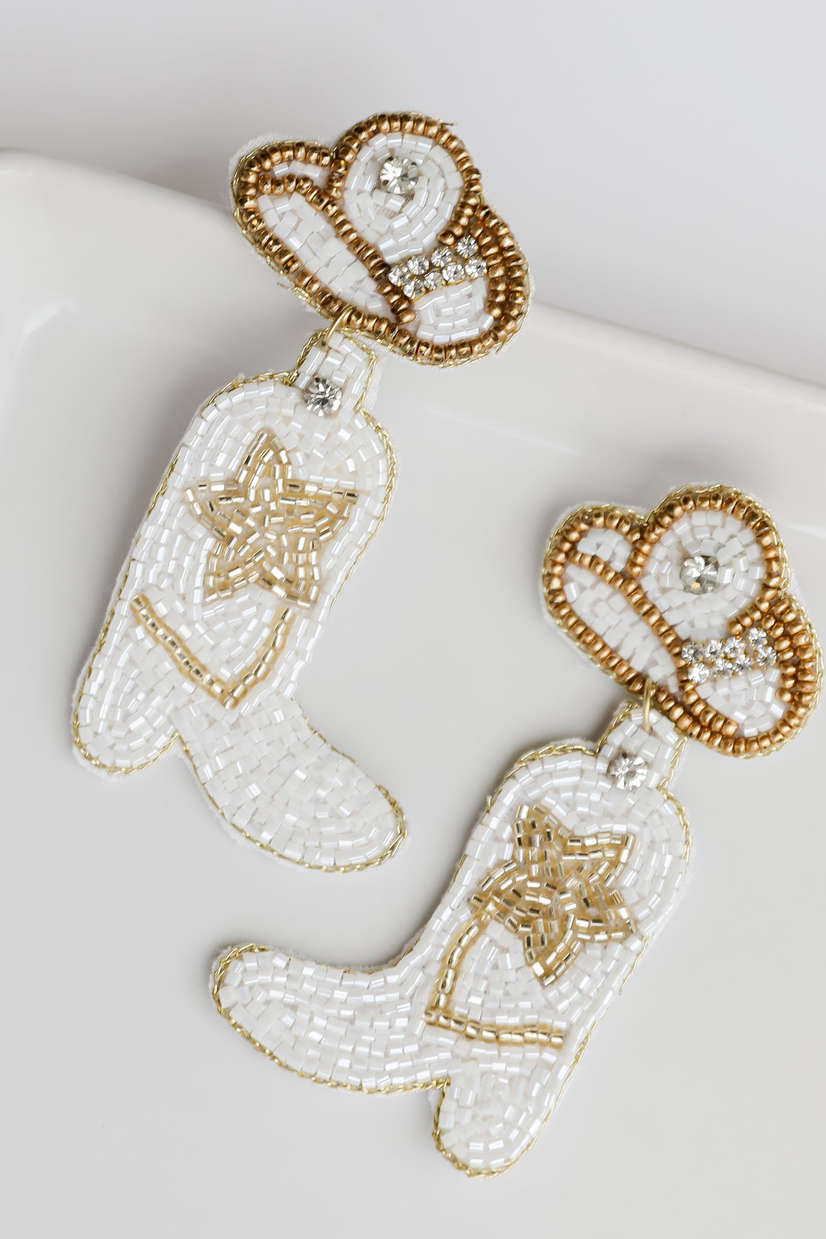white Star Cowgirl Boots Beaded Drop Earrings