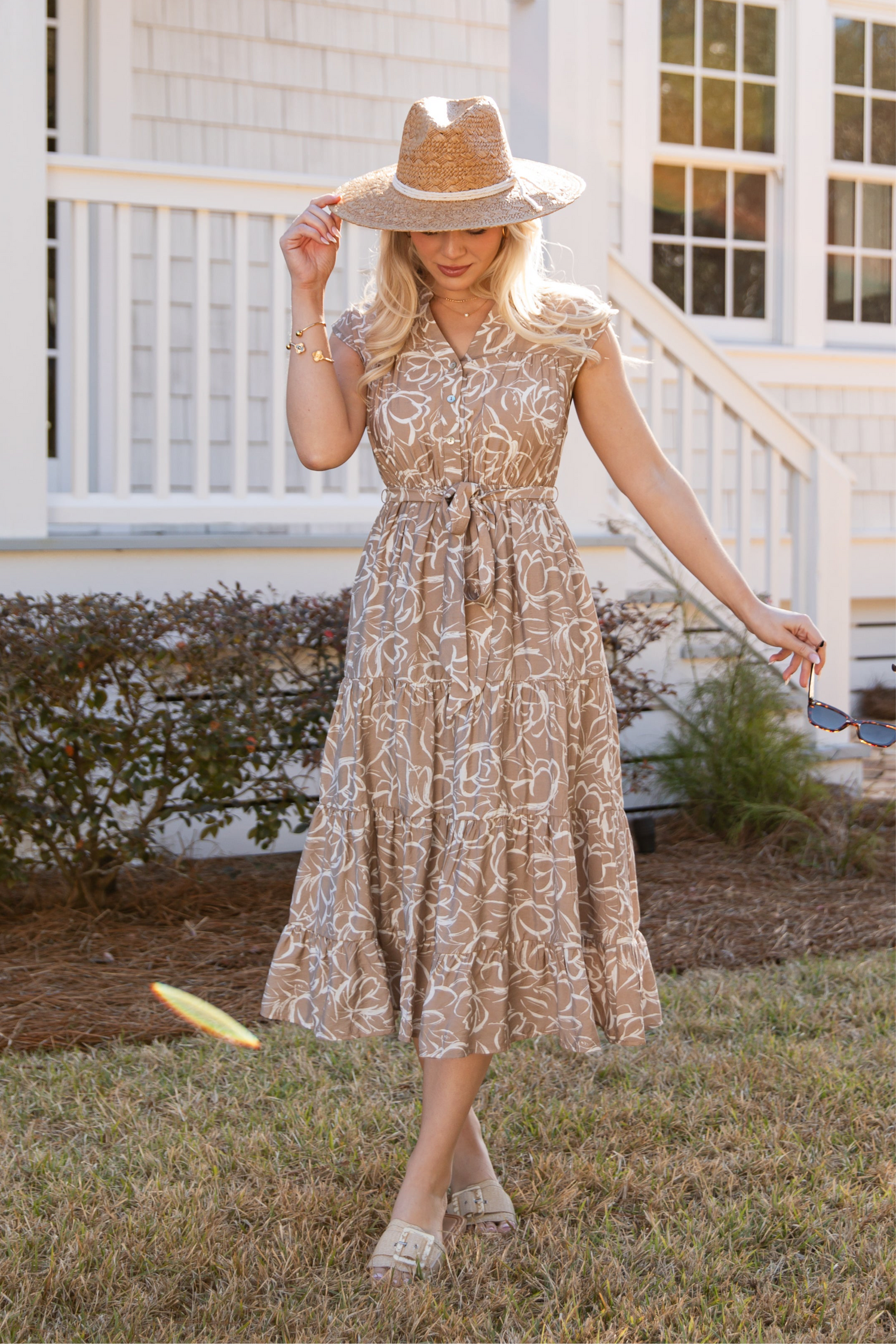 FINAL SALE - Living Easy Floral Taupe Midi Dress
