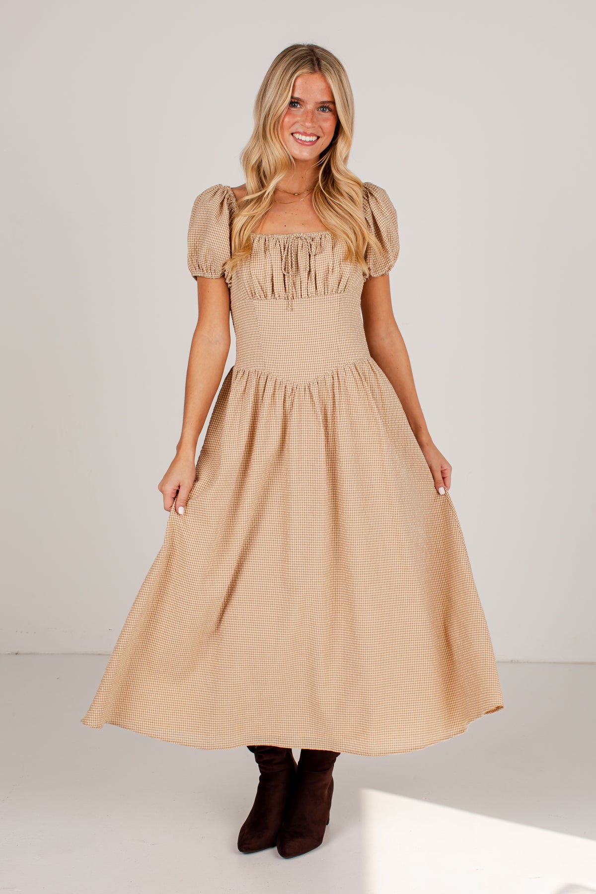 Countryside Letters Taupe Plaid Puff Sleeve Midi Dress