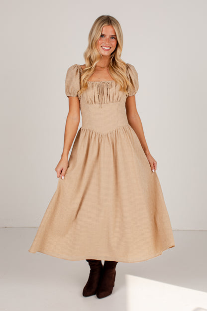 Countryside Letters Taupe Plaid Puff Sleeve Midi Dress