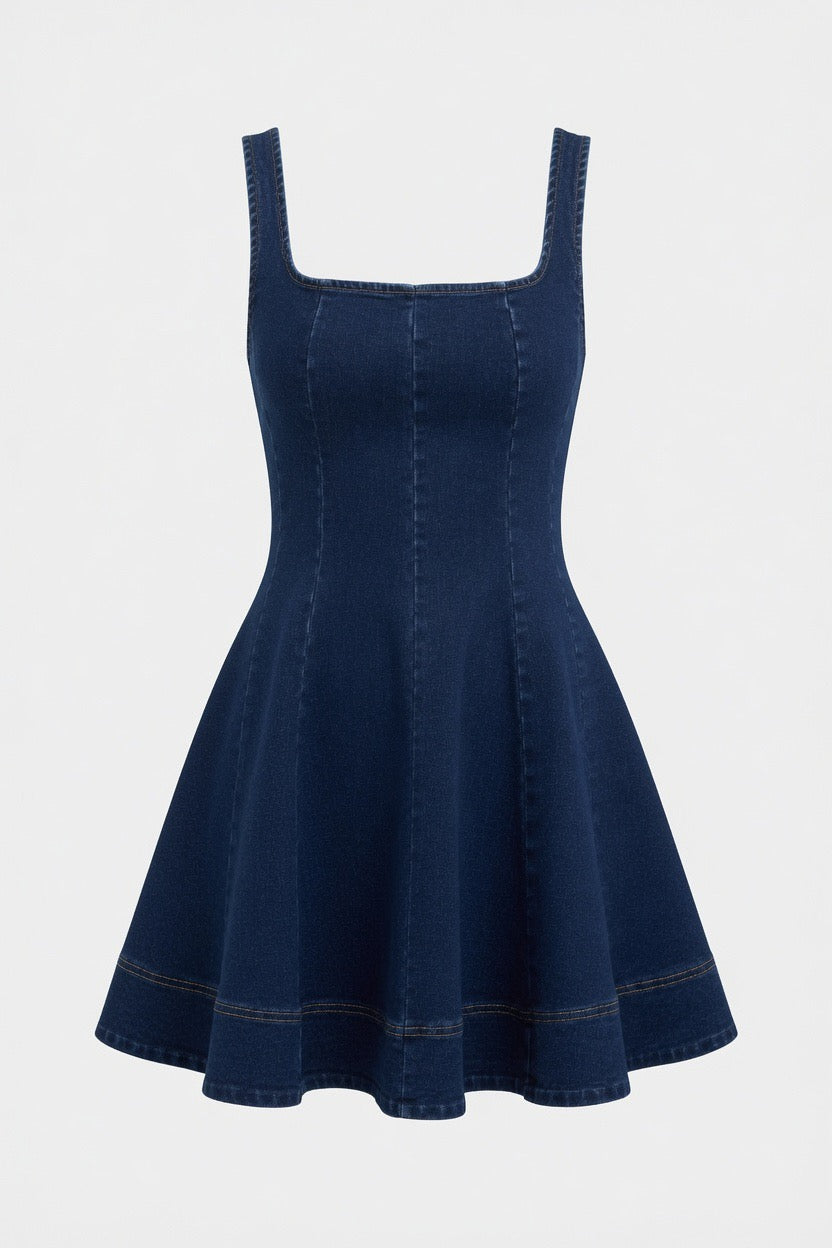 A dark blue denim A-line mini dress with a square neckline and wide shoulder straps, shown against a plain light gray background.