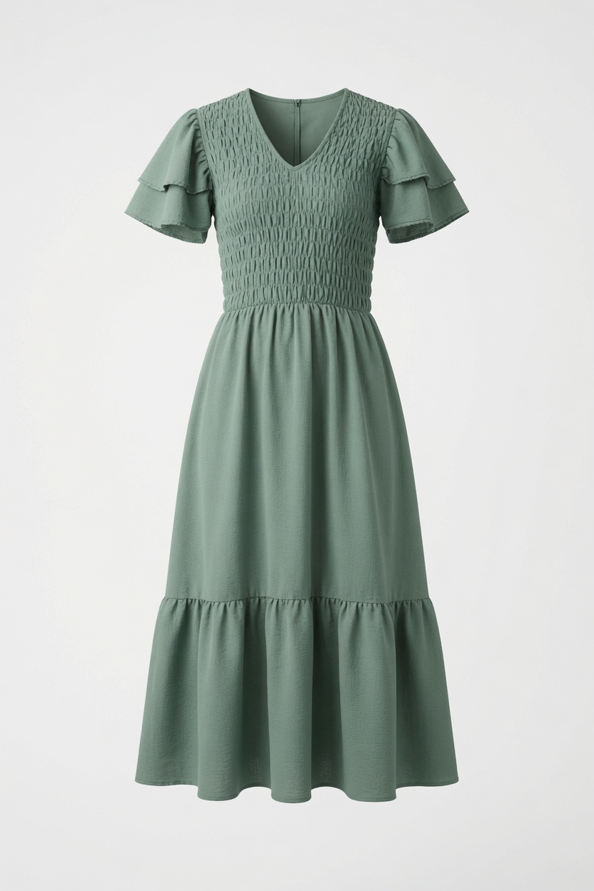 A woman wearing a sage green tiered maxi dress with ruffled short sleeves and smocked detailing
