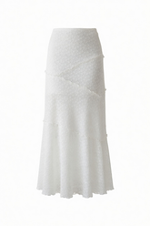 A white textured midi skirt with diagonal layered ruffle details, shown against a plain white background.