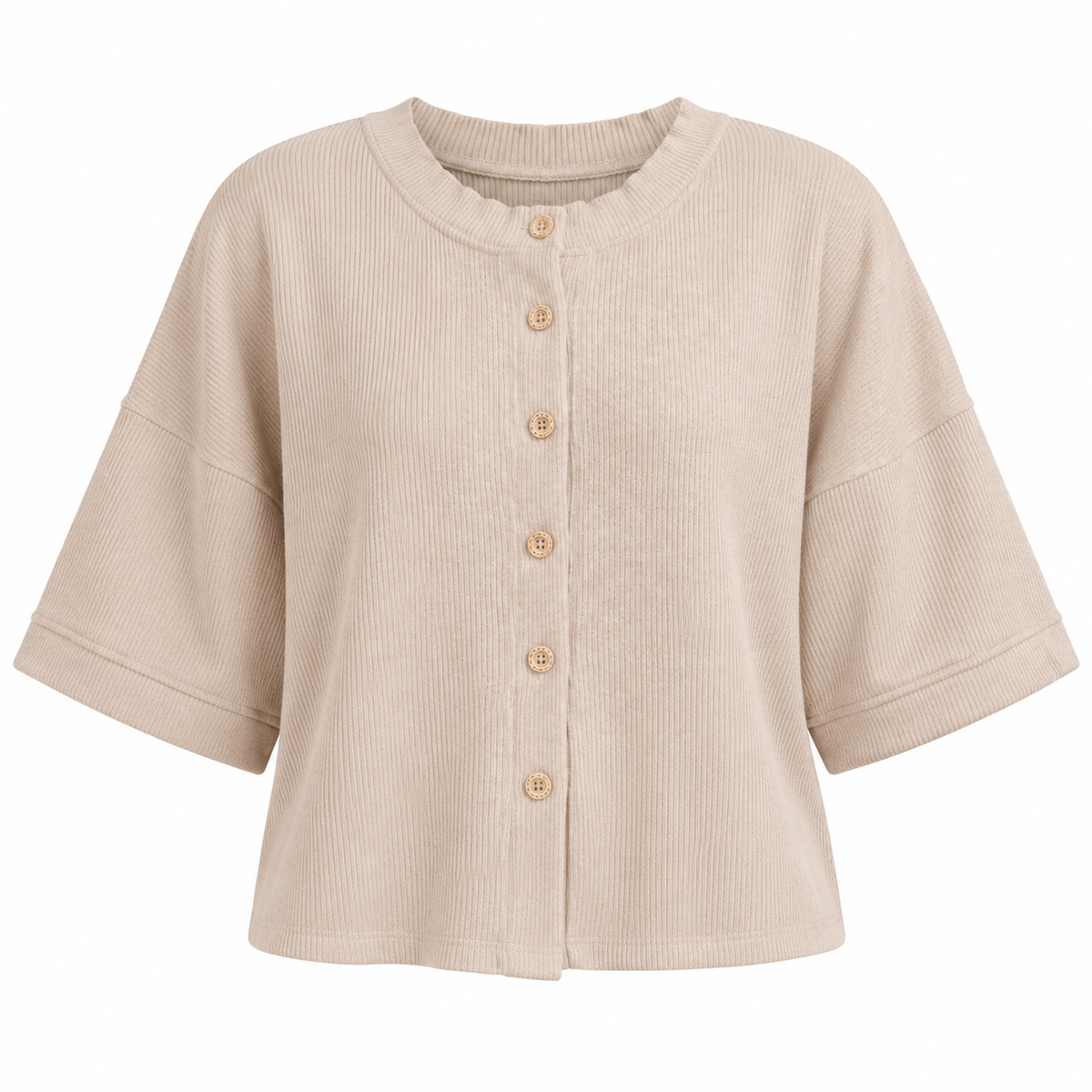 A beige ribbed knit short-sleeve cardigan with a button-up front, featuring five light brown buttons and a relaxed, cropped fit, shown on a plain white background.