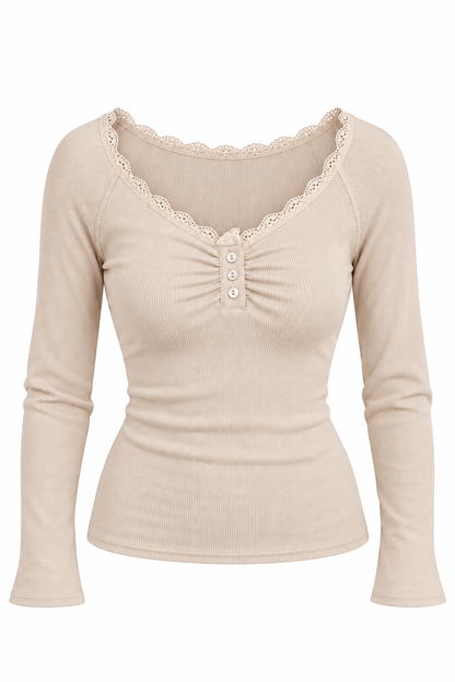 Morning Coffee Cream Lace Trim Top