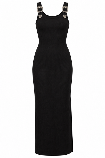 Western Allure Buckle Strap Midi Dress
