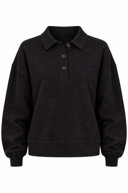 A black long-sleeve polo sweatshirt with a three-button placket, displayed on a clean white background.