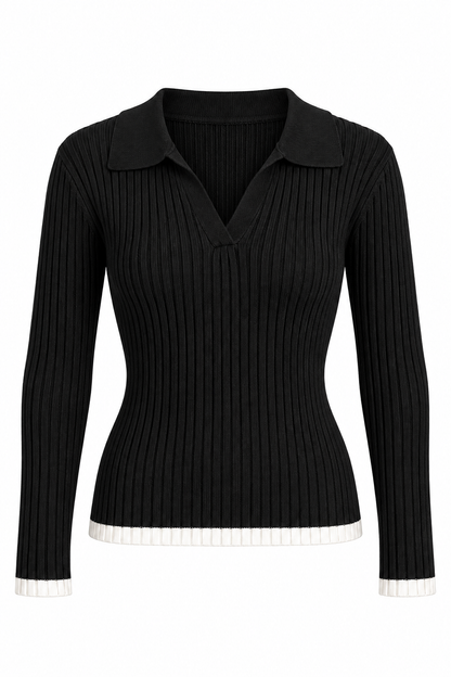 A black ribbed knit polo sweater with a collar and white contrast trim at the hem and cuffs, shown on a plain white background.