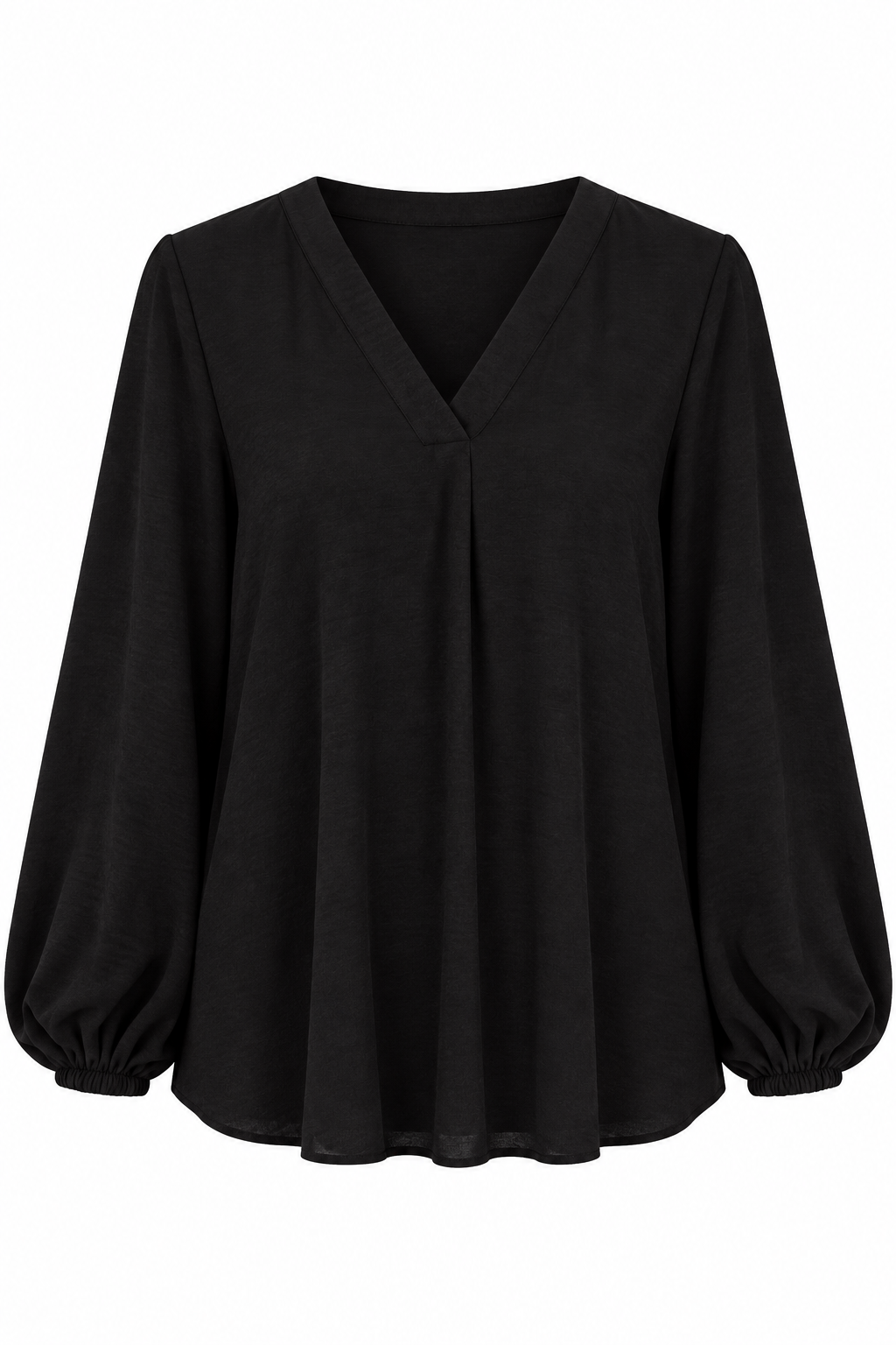 A black long-sleeve blouse with a V-neckline and gathered balloon sleeves, shown against a plain white background.