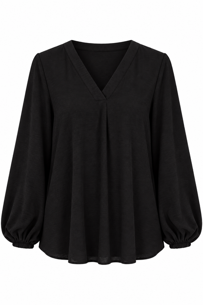 A black long-sleeve blouse with a V-neckline and gathered balloon sleeves, shown against a plain white background.