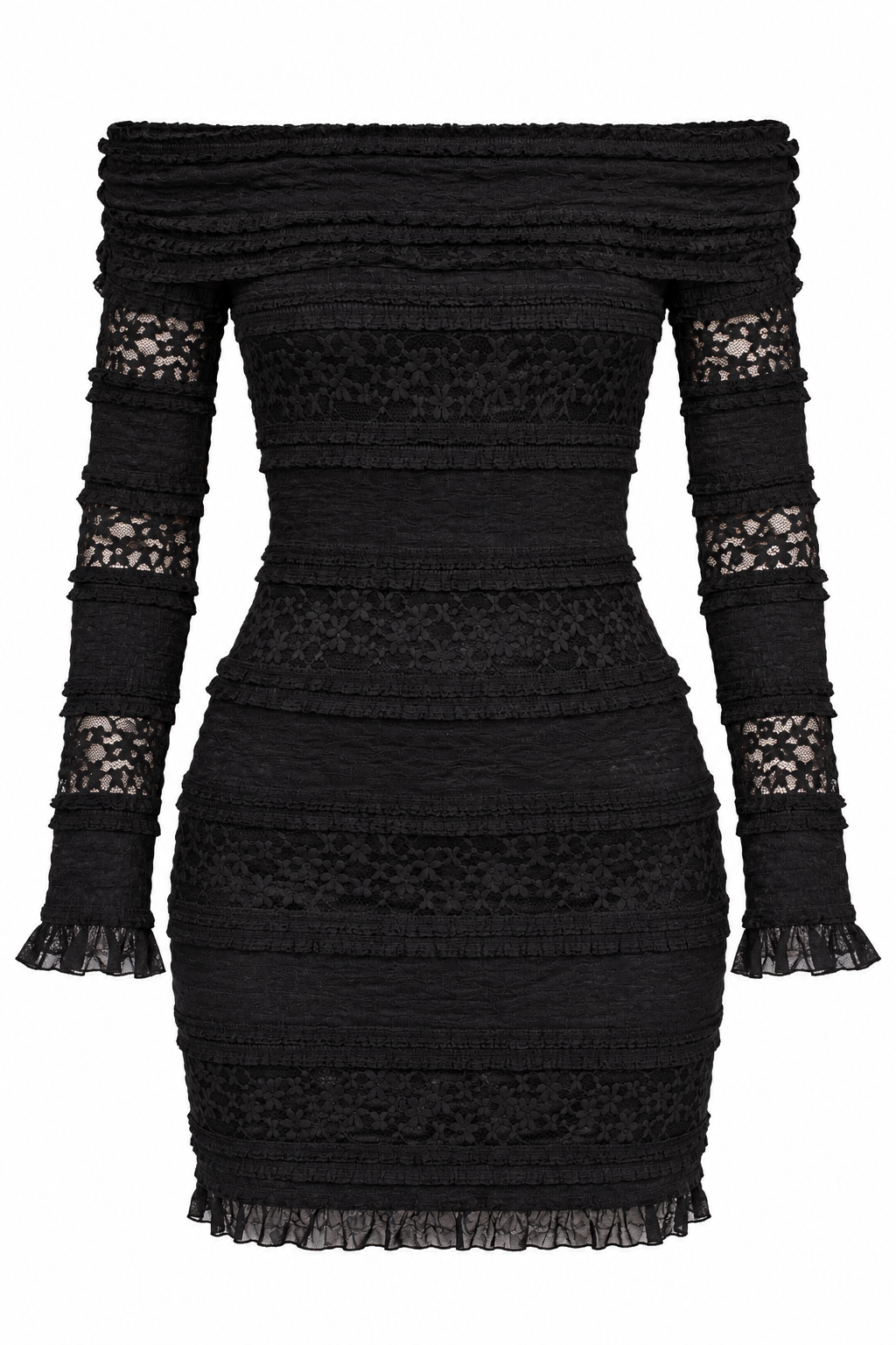 A black off-the-shoulder long-sleeve mini dress with textured horizontal ruffles and sheer lace panels on the sleeves and bodice, shown against a plain white background.