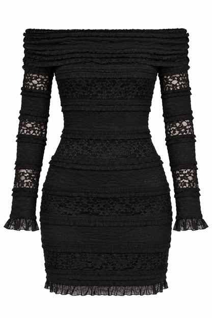 A black off-the-shoulder long-sleeve mini dress with textured horizontal ruffles and sheer lace panels on the sleeves and bodice, shown against a plain white background.