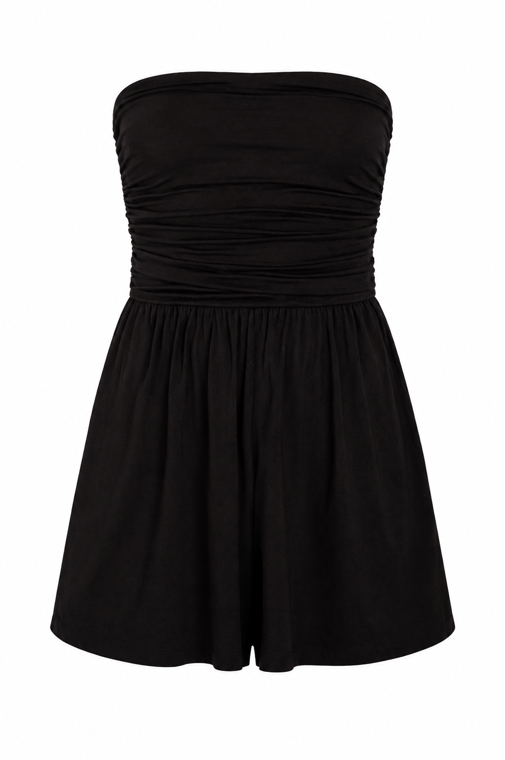 A black strapless mini dress with a ruched bodice and flared skirt, shown against a plain white background.