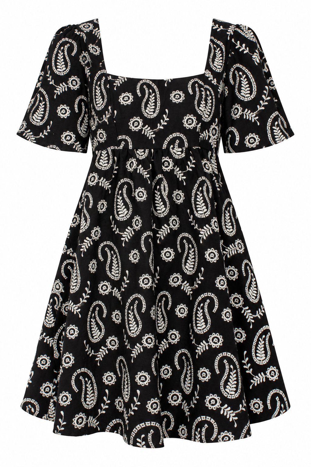 A black short-sleeve dress with a white paisley and floral block print, featuring a square neckline and a flared skirt.