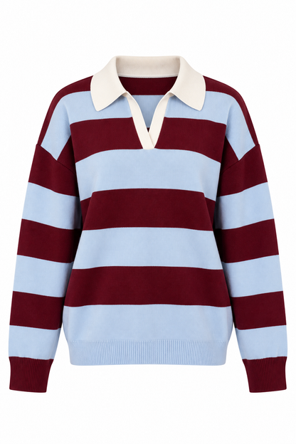A long-sleeve rugby-style sweater with horizontal stripes in light blue and deep burgundy, featuring a contrasting cream-colored collar.