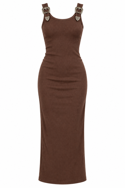 Western Allure Buckle Strap Midi Dress
