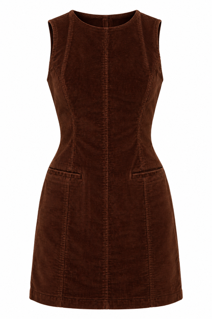 A sleeveless brown corduroy dress with a fitted waist and two front patch pockets, shown against a plain white background.