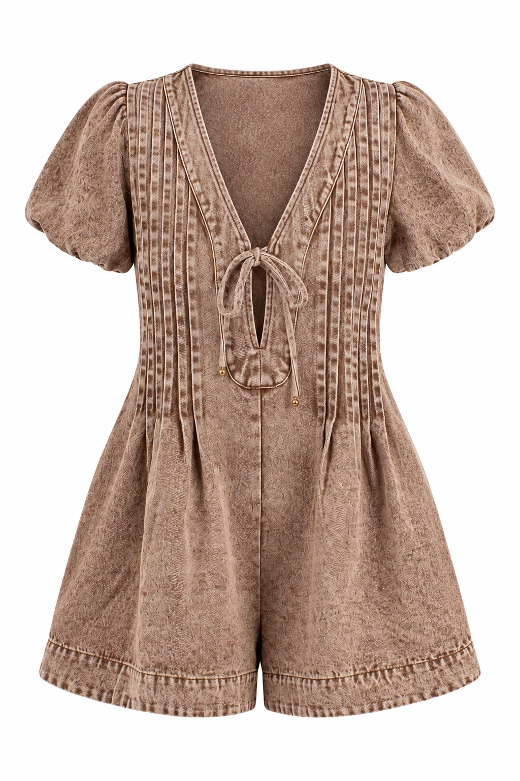 A short-sleeve romper in a washed, textured brown fabric, featuring a deep V-neckline with a tie-front closure, vertical pleated detailing on the bodice, and a flared leg.