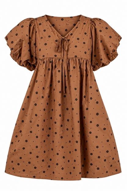 Chasing Autumn Brown Floral Puff Sleeve Mini Dress