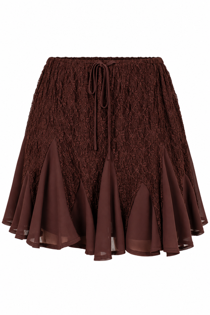 A dark brown pleated skirt featuring a textured lace overlay on the upper half and a sheer mesh flounce hem, with a matching drawstring waistband, shown against a plain white background.