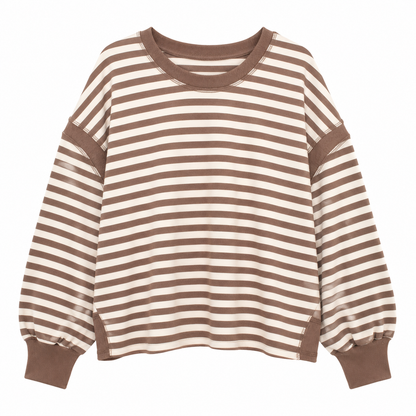 A long-sleeve crewneck sweatshirt with horizontal brown and cream stripes, featuring solid brown ribbed trim on the collar, cuffs, and side seams, displayed against a solid white background.