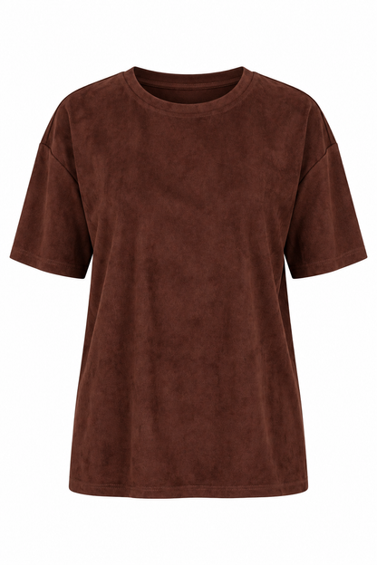 A brown short-sleeve crewneck t-shirt with a textured, suede-like finish, shown against a plain white background.