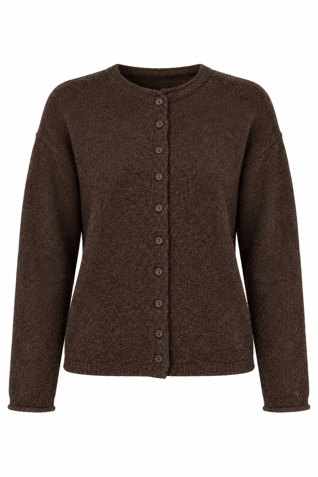 A dark brown knit cardigan sweater with a button-up front, shown against a plain white background.