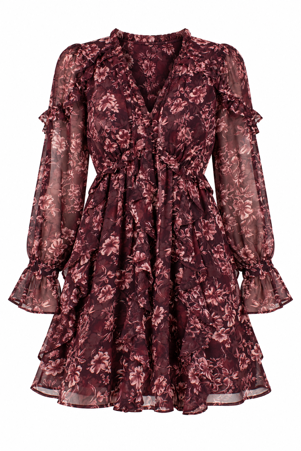 A sheer long-sleeve mini dress with a ruffled collar, ruffled cuffs, and a tiered skirt, featuring an all-over floral pattern in deep burgundy and muted pink tones.