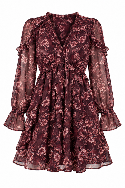A sheer long-sleeve mini dress with a ruffled collar, ruffled cuffs, and a tiered skirt, featuring an all-over floral pattern in deep burgundy and muted pink tones.